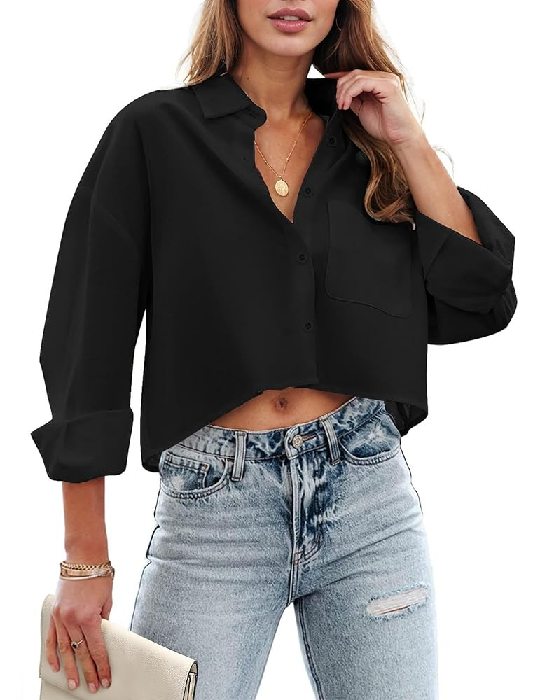 Zeagoo Womens Button Down Cropped Shirts Long Sleeve V Neck Solid Tops Casual Collared Blouse wit... | Amazon (US)