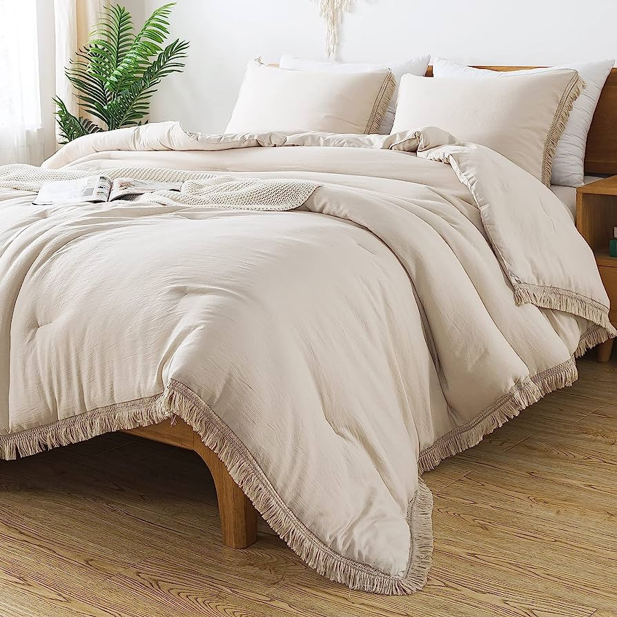 Andency Beige Tassel Comforter Set Queen(90x90Inch), 3 Pieces(1 Boho Comforter, 2 Pillowcases) Fa... | Amazon (US)