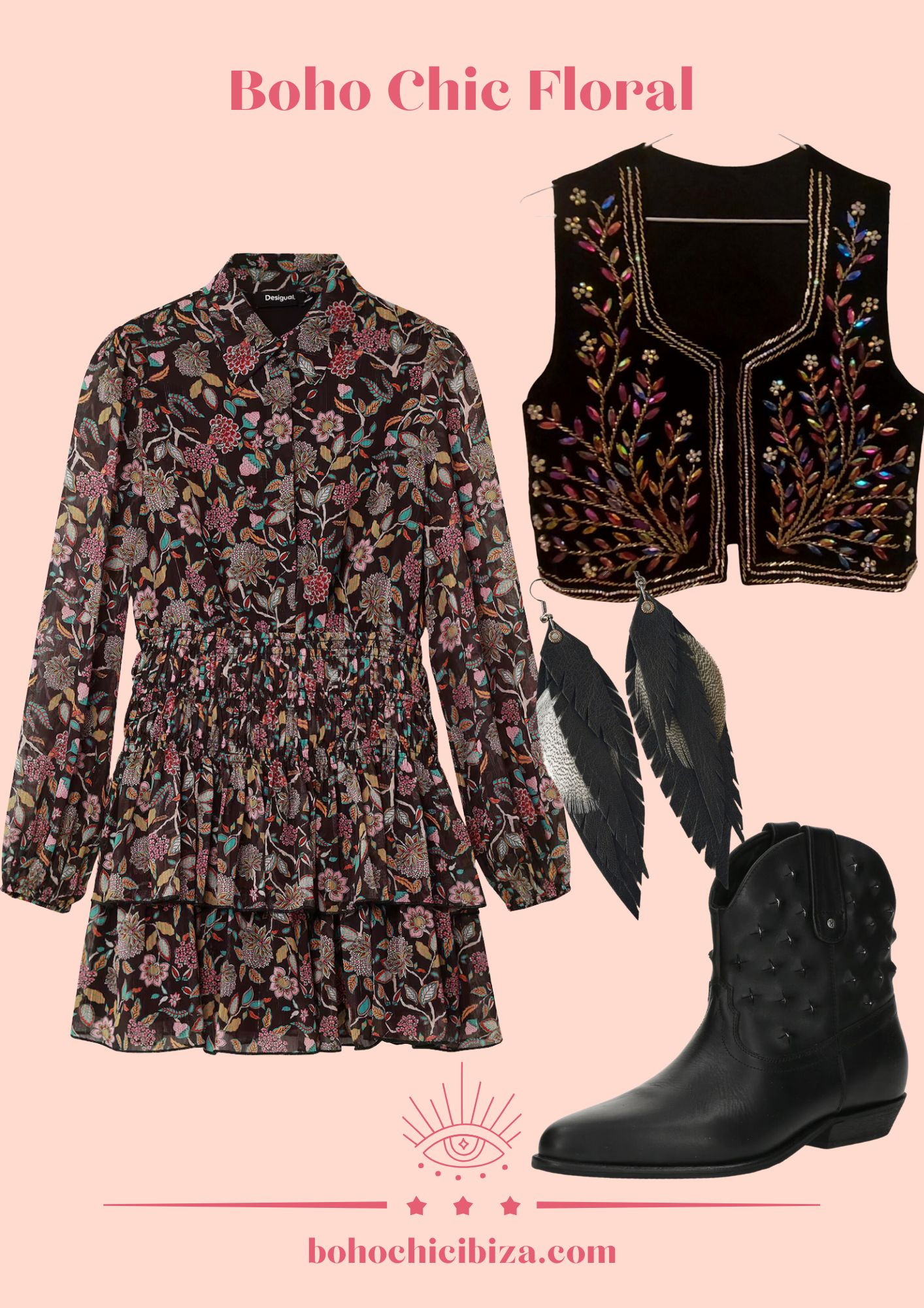 Boho Chic Floral | Atrévete con un look Boho Chic de color negro con estampado de flores
#bohochic #vestido #chaleco #bohemian 

 #LTKCyberWeek #LTKwinter #LTKsale