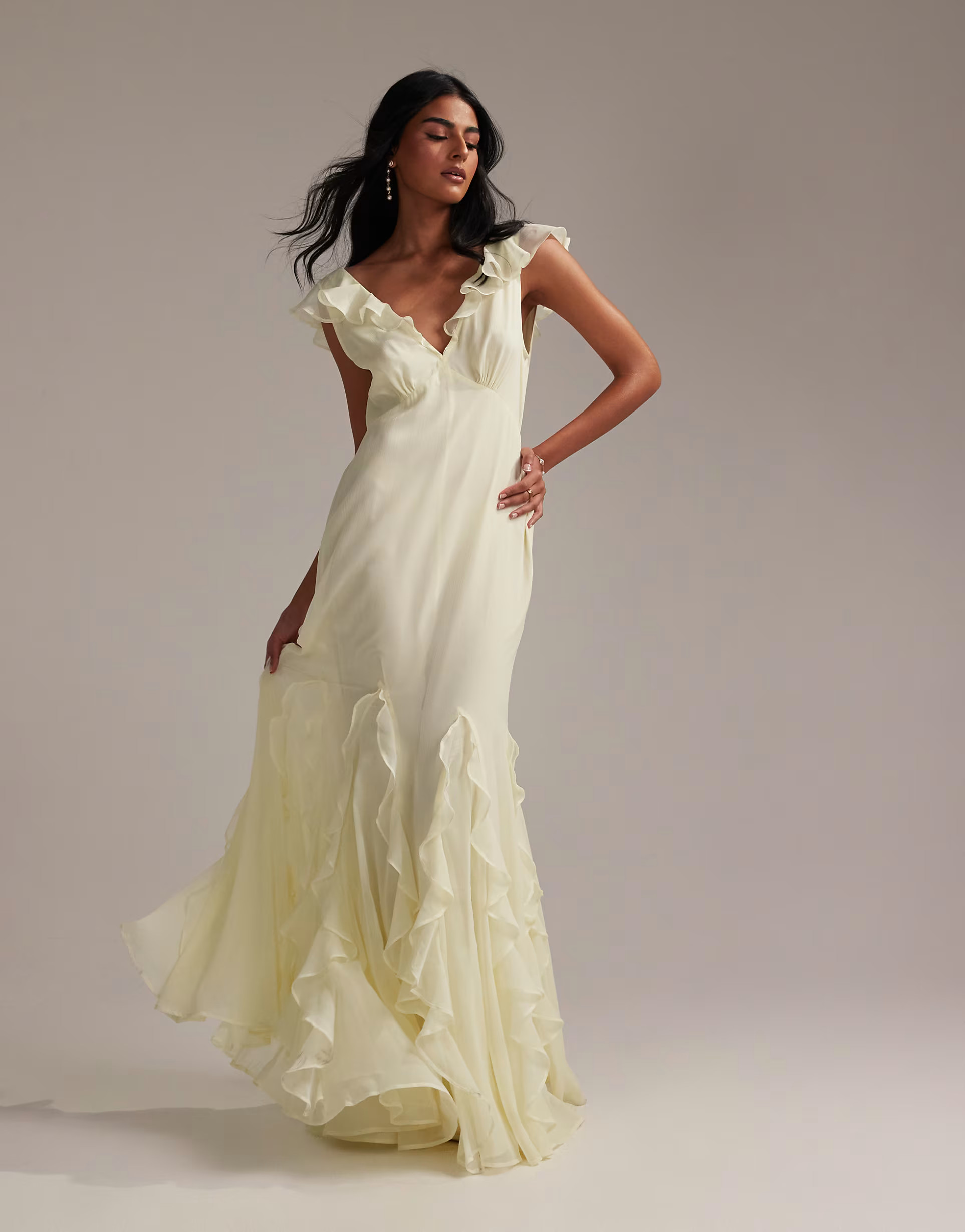 ASOS DESIGN Bridesmaids flutter sleeve bias cut maxi dress with godet frill hem in soft yellow | ASOS (Global)