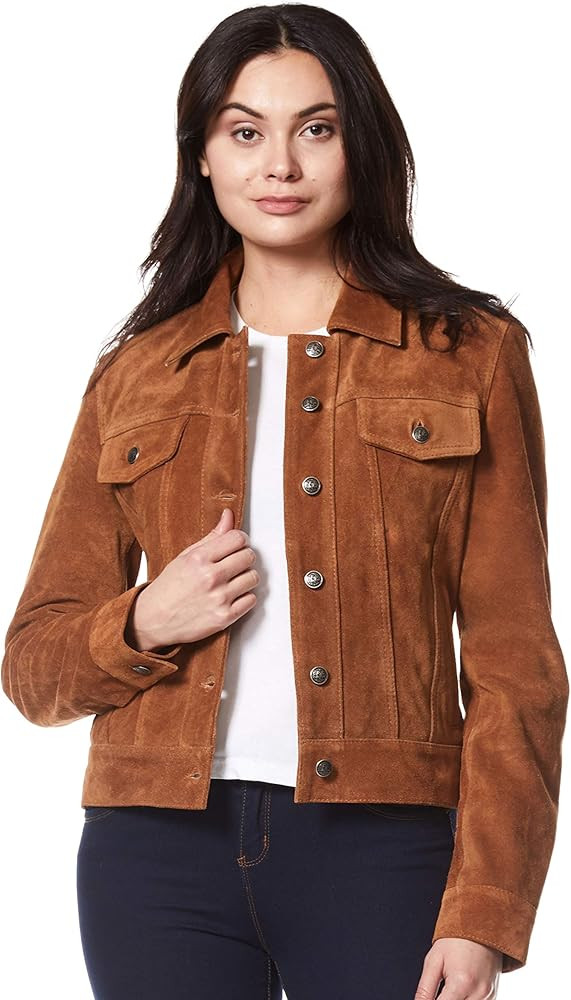 Ladies TRUCKER Real Leather Jacket Tan Suede Casual Fashion Shirt Jacket 1680 | Amazon (US)
