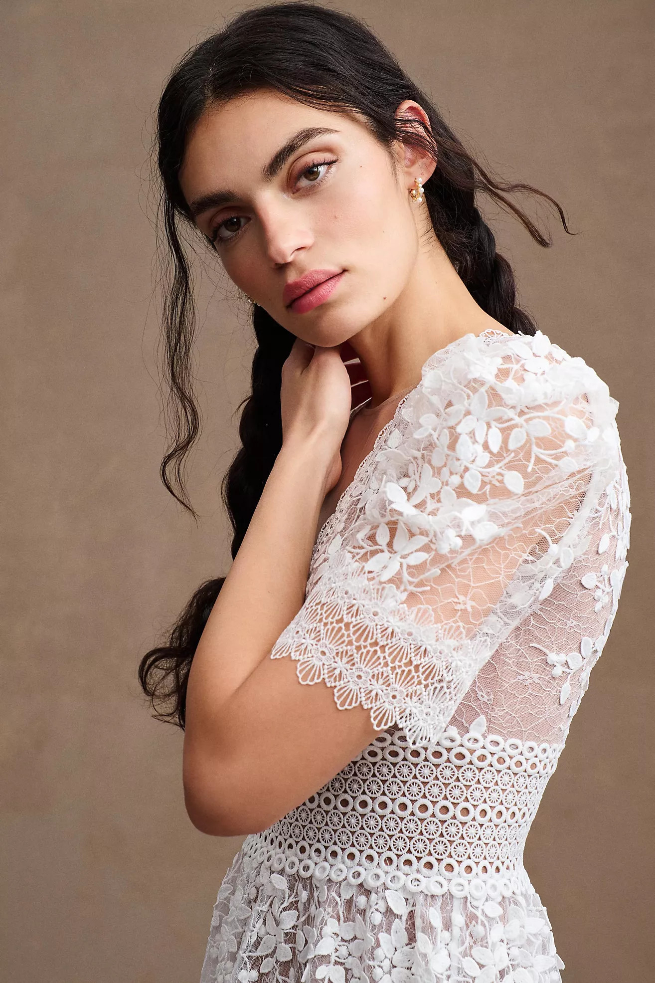 Bronx and Banco Megan Long-Sleeve Lace V-Neck Tiered  Mini Dress | Anthropologie (US)