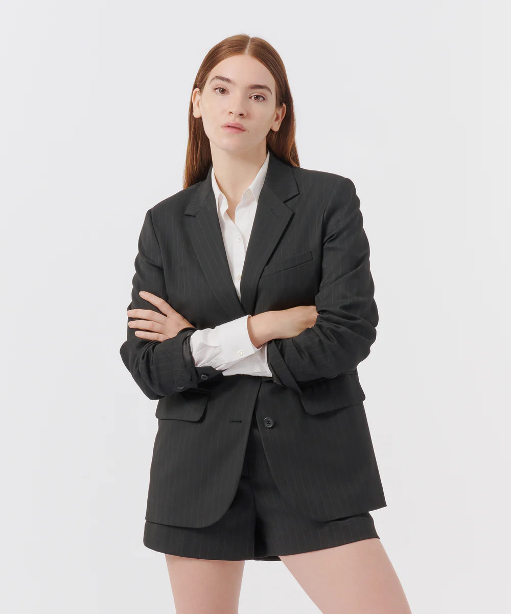 Pinstripe Twill Boyfriend Blazer - Black | ATM Collection