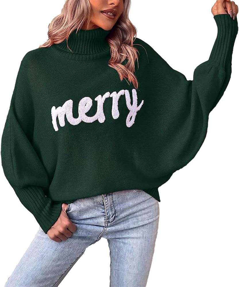 iTranyee Women Ugly Christmas Oversized Turtleneck Pullover Sweater Cute Merry Print Batwing Slee... | Amazon (US)