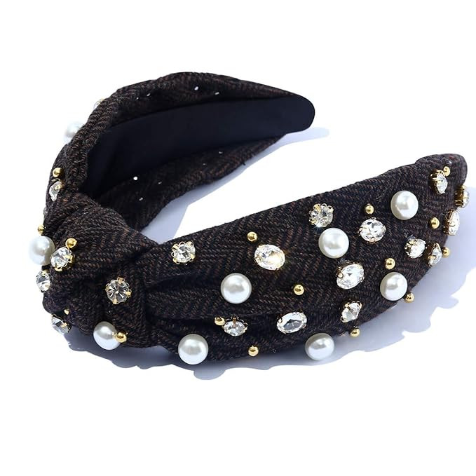 Women Brown Knotted Jeweled Headband Pearl Rhinestone Embellished Top Hairband ladies Twist Bohem... | Amazon (US)