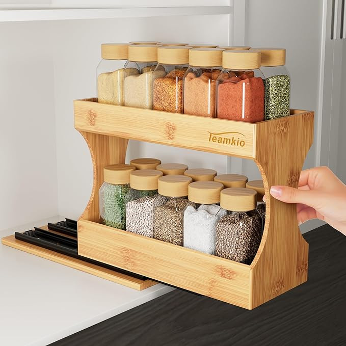 Teamkio Bamboo Spice Rack Organizer for Cabinet, 2-Tier Pull Out Spice Rack, Tool-Free Install Sl... | Amazon (US)