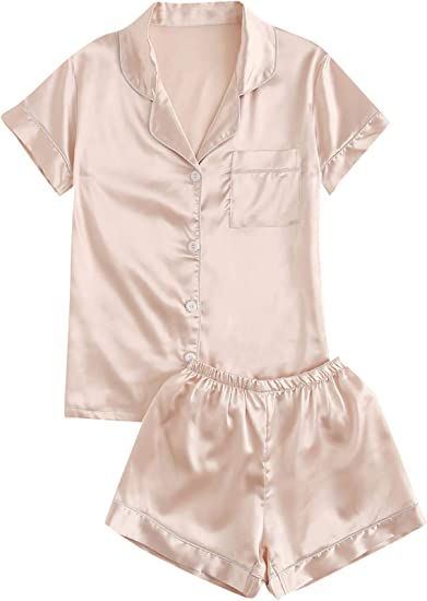 SweatyRocks Women's Short Sleeve Sleepwear Button Down Satin 2 Piece Pajama Set | Amazon (US)