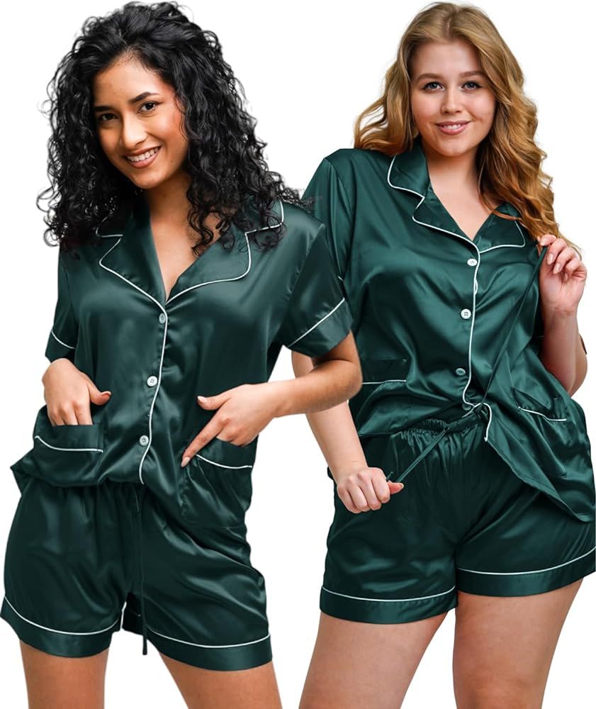 Pajama Set for Women - Silk Satin Womens Pajamas Set - Button Down - Bridesmaids Pajamas - Satin ... | Amazon (US)