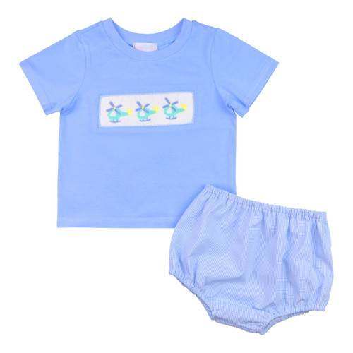 Blue Gingham Smocked Helicopter Diaper Set - Shipping Late May | Cecil and Lou