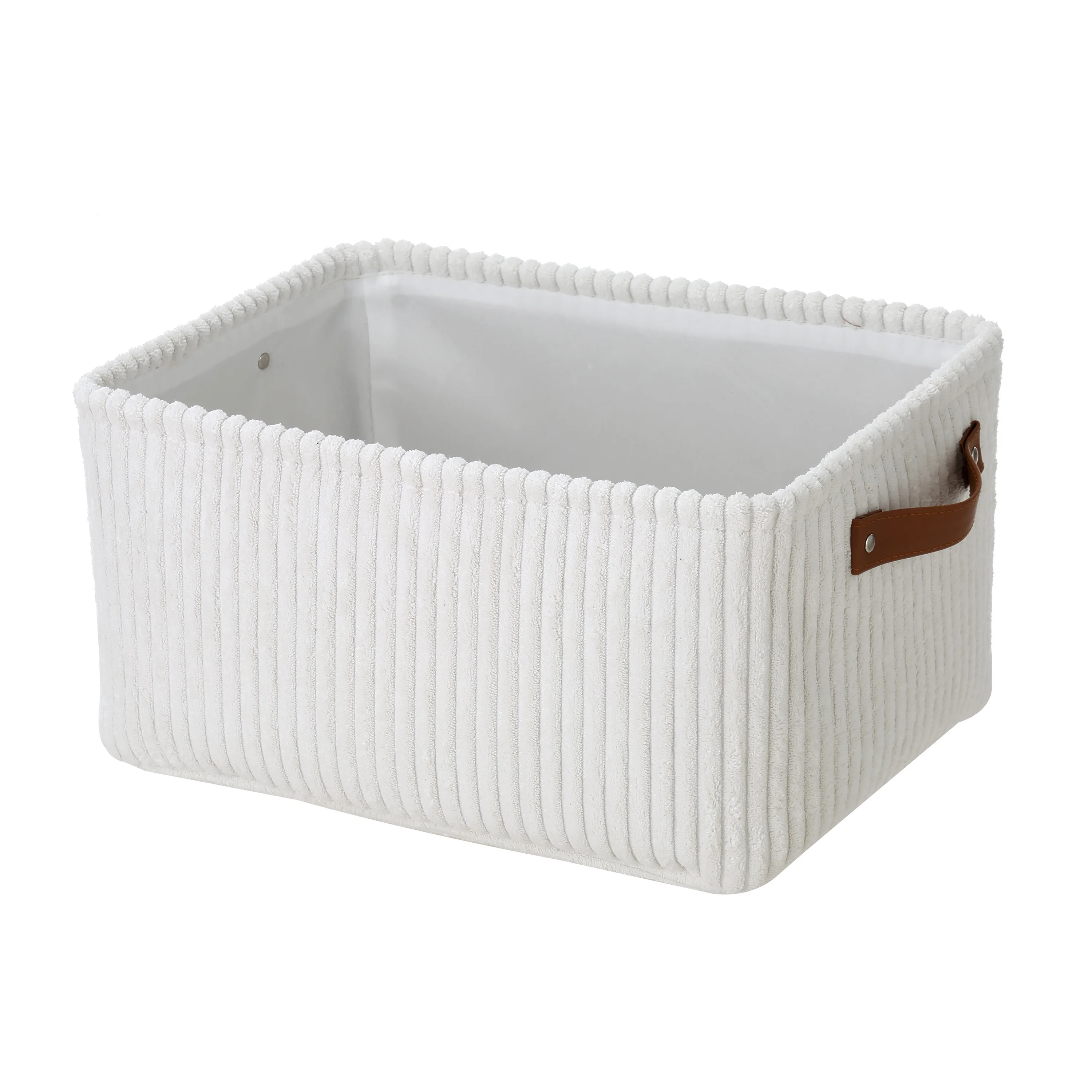 Mainstays White Corduroy Decorative Storage Basket with Leather Handles | Walmart (US)