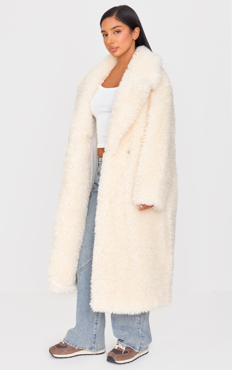 Petite Cream Shaggy Faux Fur Longline Coat | PrettyLittleThing UK