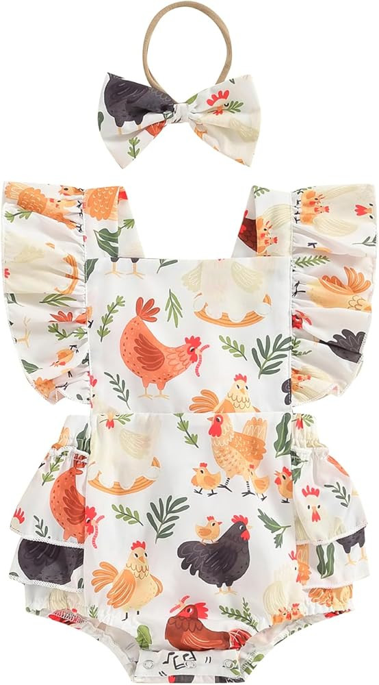 Gueuusu Baby Girl Summer Outfit Newborn Farm Chicken Print Ruffled Bodysuit Fly Sleeve Romper wit... | Amazon (US)