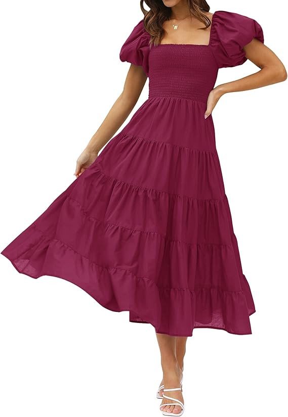 ZESICA Women's 2024 Summer Square Neck Short Puff Sleeve Solid Color High Waist Casual Smocked Fl... | Amazon (US)