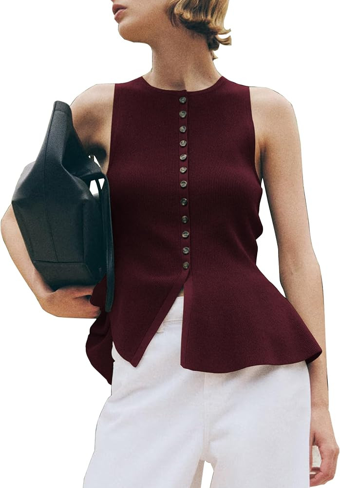 Womens Sweater Vest Peplum Tops for Women Button Down Sleeveless Fall Knit Tops Casual | Amazon (US)