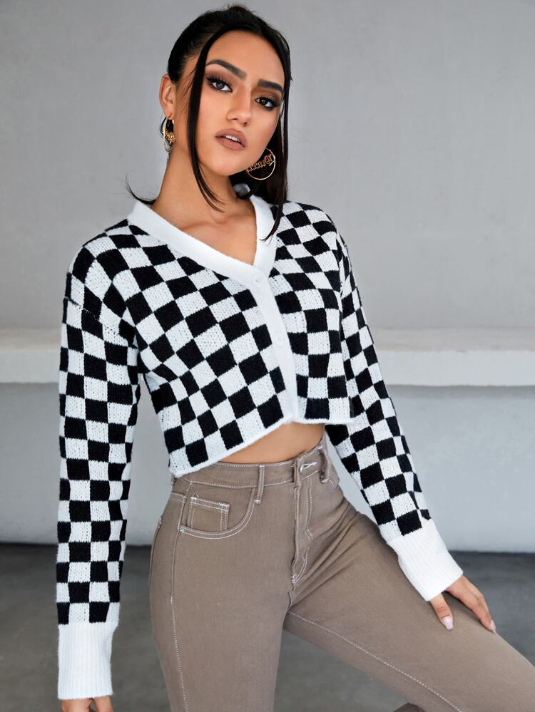 SHEIN Checker Pattern Button Front Cardigan | SHEIN