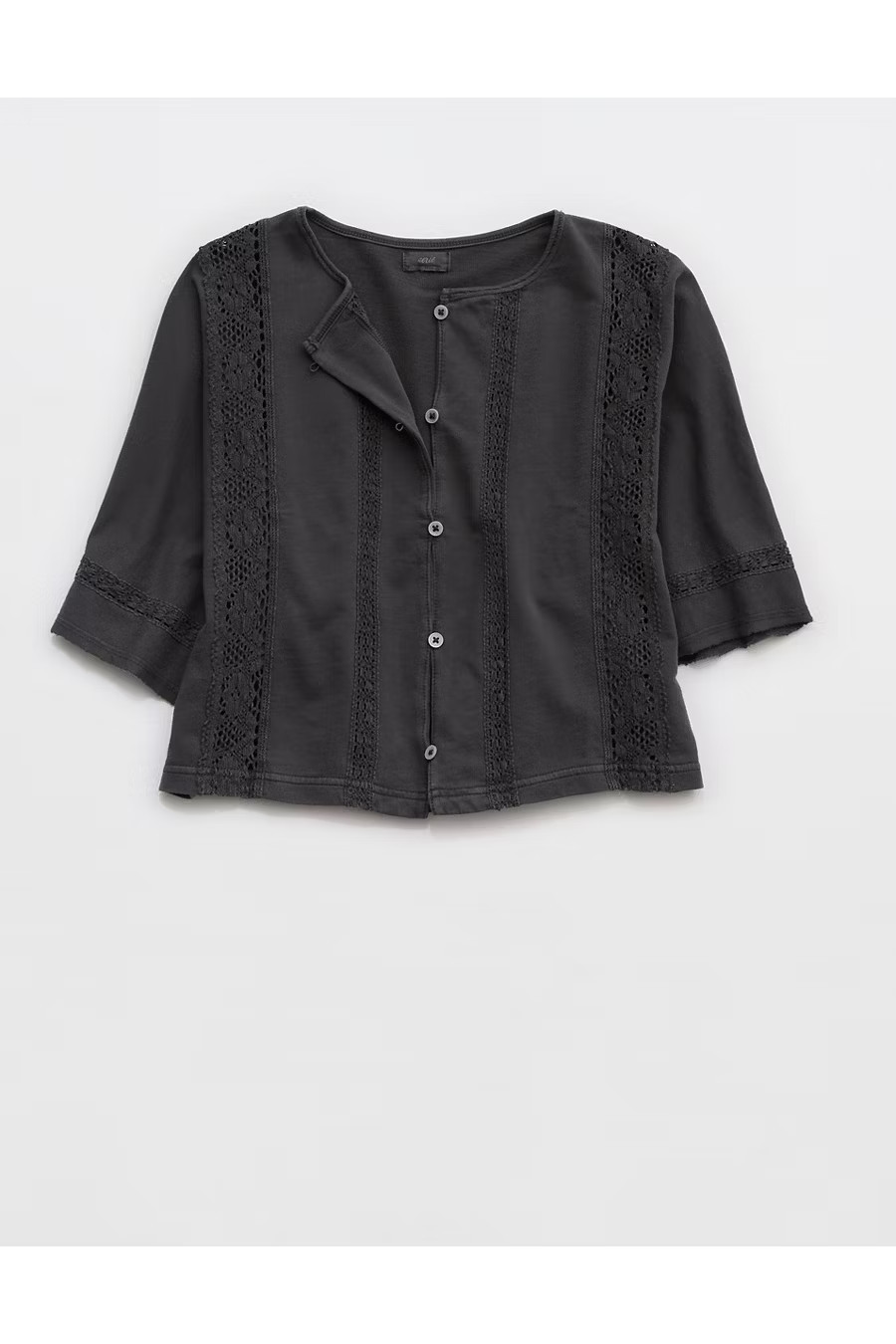 Aerie Short Sleeve Crochet Cardigan Women's Smoked Gray S | Aerie