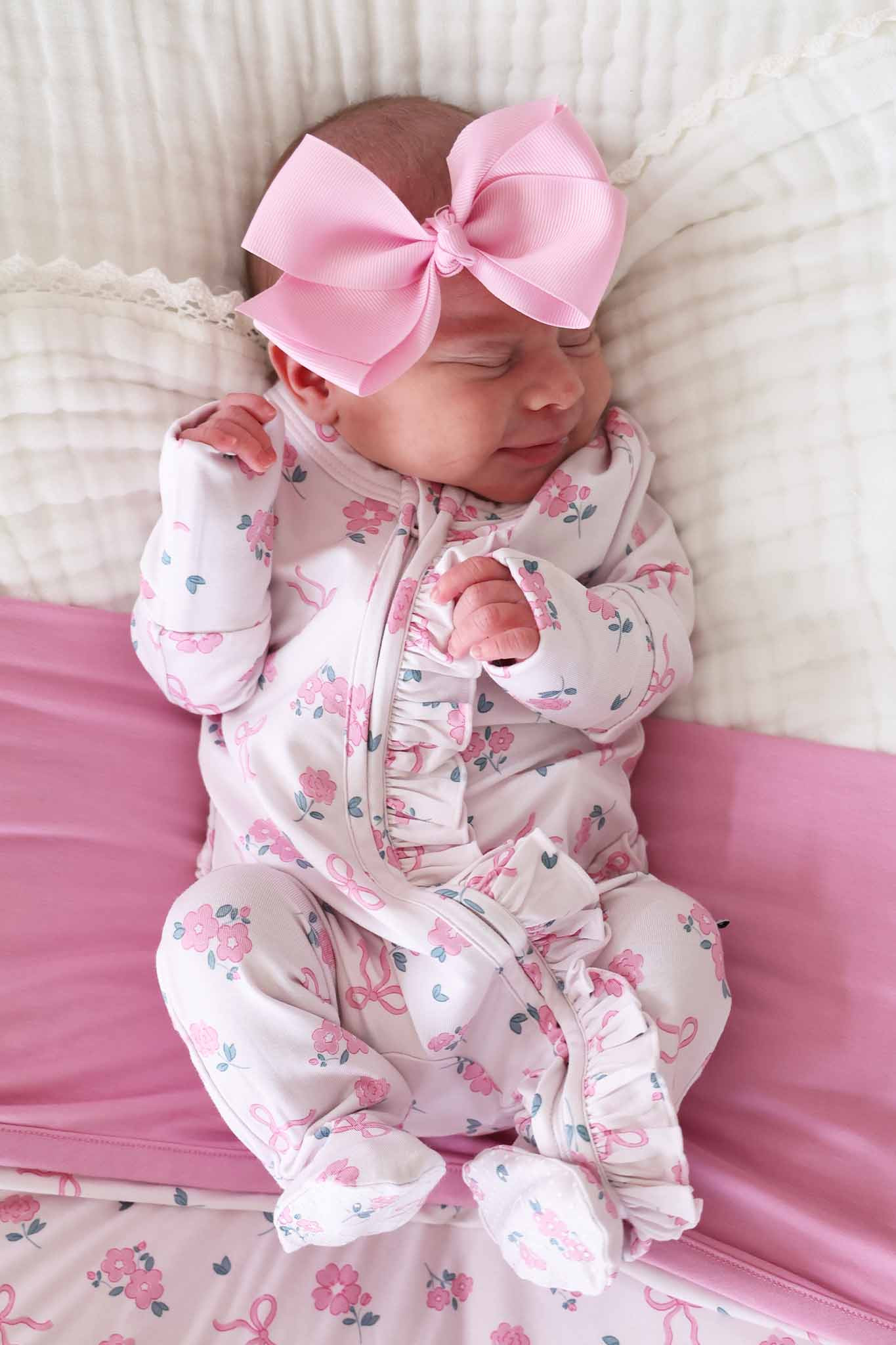 Ribbon & Roses Ruffle Zipper Footie | Pink | Caden Lane