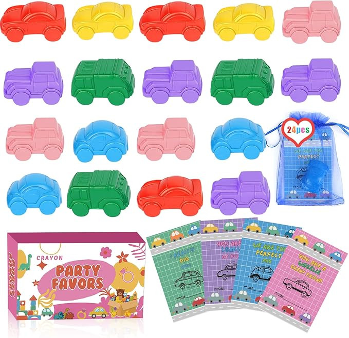 24 Pcs Party Favors for Kids with Car Shaped Crayon - Easter Gifts with Cards and Bags, Basket St... | Amazon (US)
