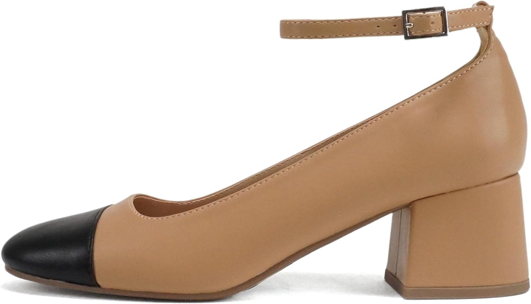 Soda “Roxana” ~ Women Round Cap Toe Low Block Heel Pump Shoe with Adjustable Ankle Strap | Amazon (US)