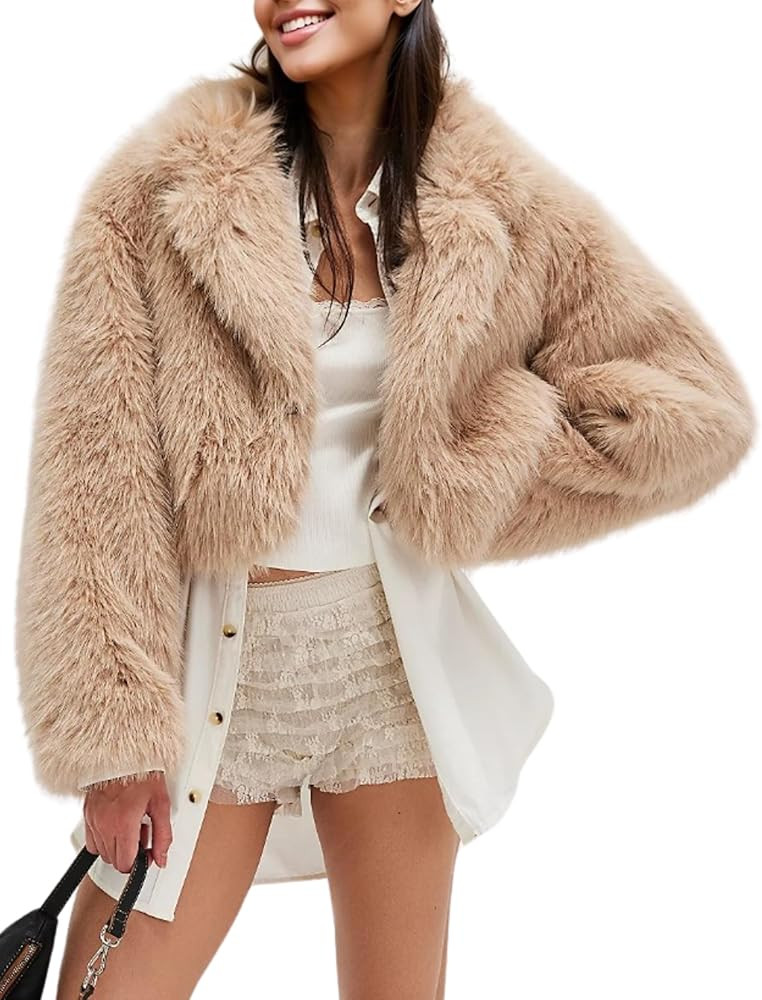 Gozoloma Women's Faux Fur Jacket Long Sleeve V Neck Collared Cropped Coat with Single Button Clos... | Amazon (US)