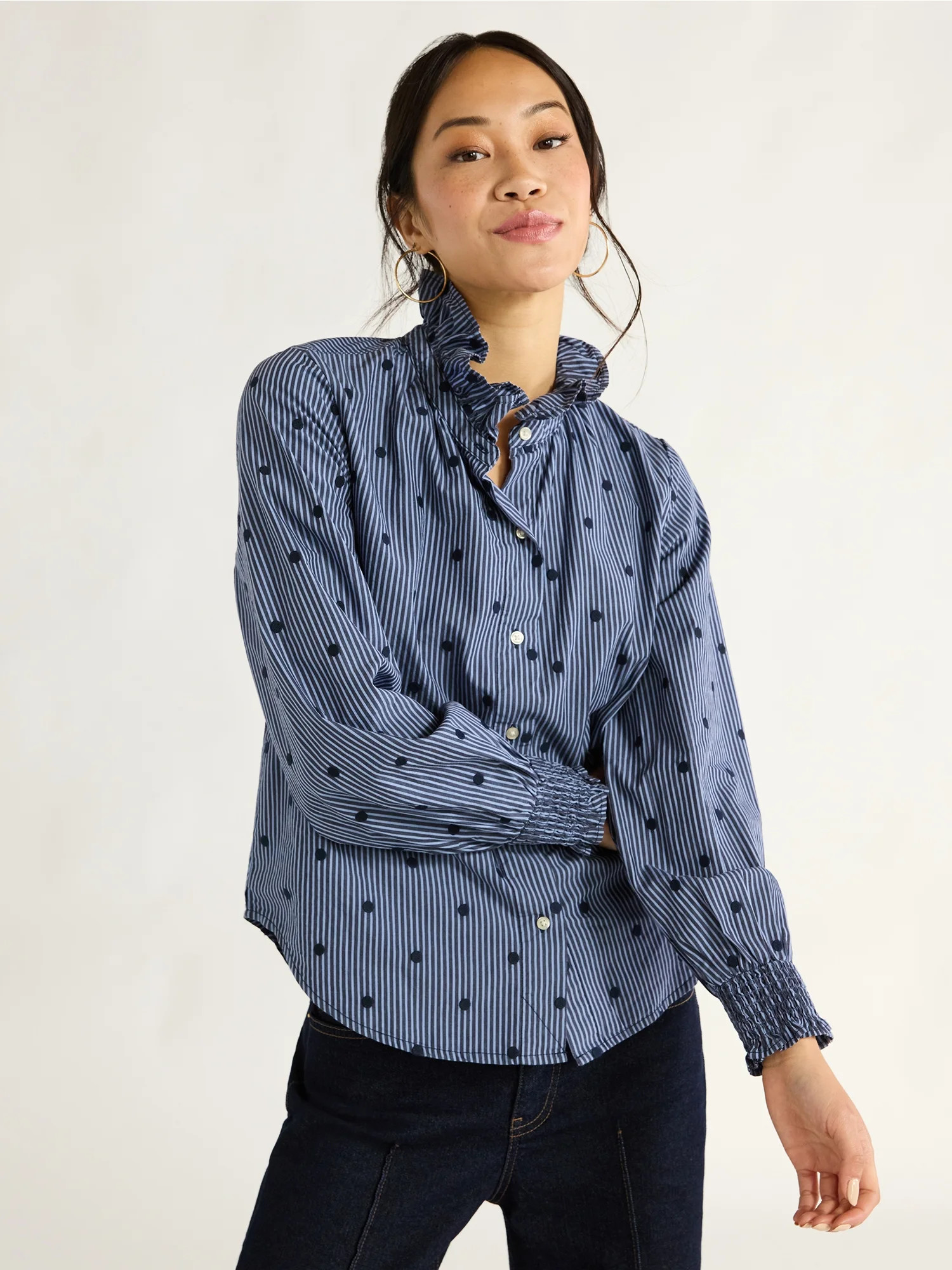 Free Assembly Women’s Ruffle Neck Cotton Blouse, Sizes XS-XXL - Walmart.com | Walmart (US)