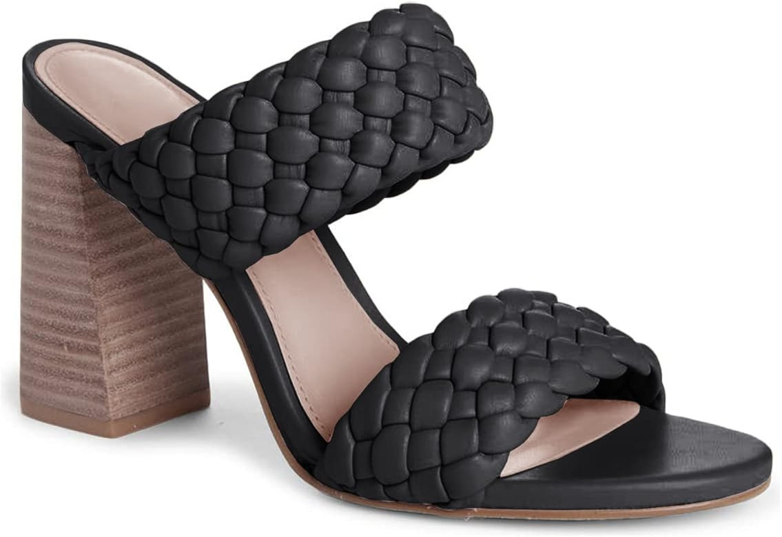 Fttpdeaus Womens Braided Heeled Sandals Round Toe Backless Strappy Block Double Straps Slides Cas... | Amazon (US)