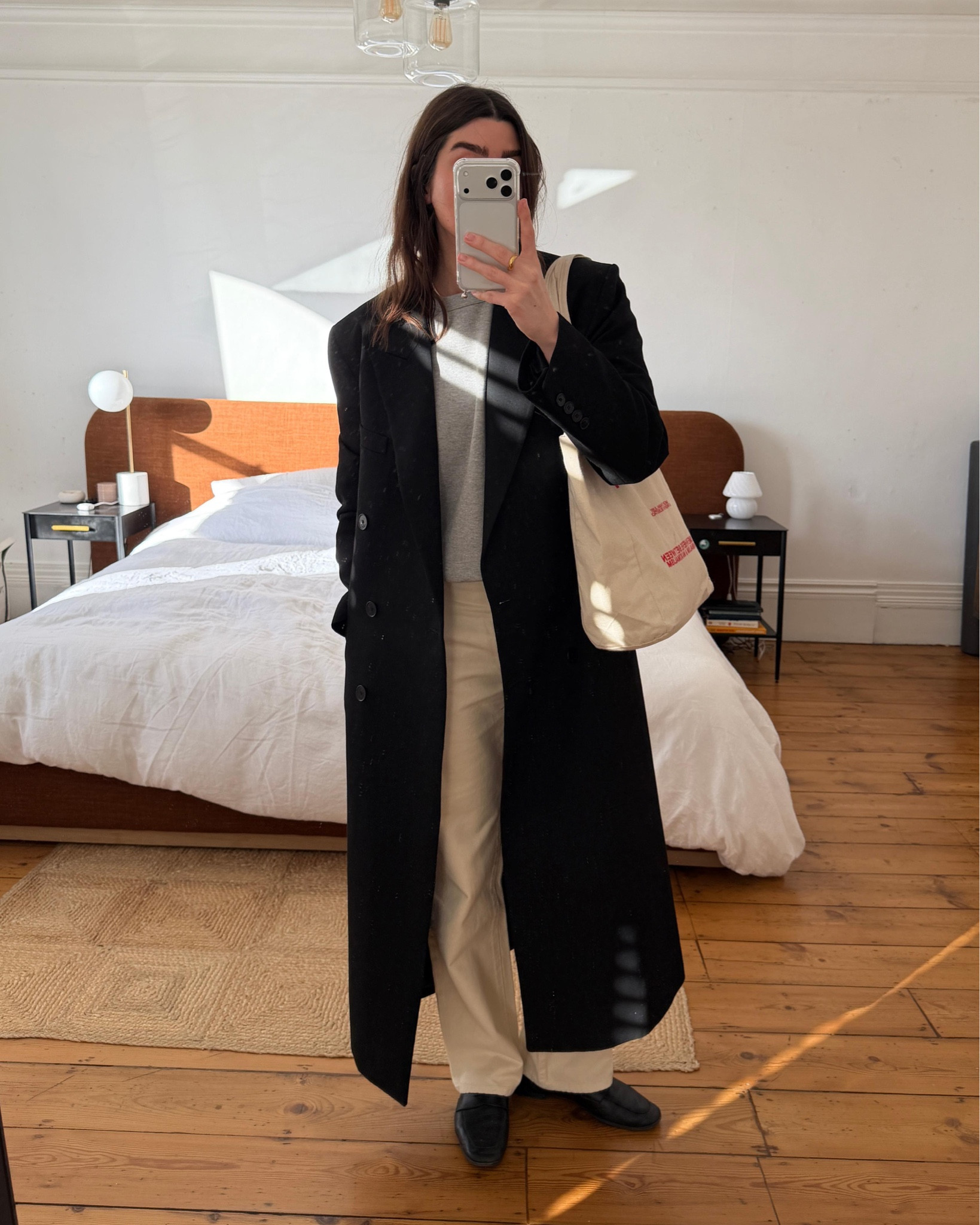 Frankie Shop black tailored coat, MOTHER grey sweatshirt, Agolde cream white denim jeans, Le Monde Beryl black loafers

#LTKstyletip #LTKspring