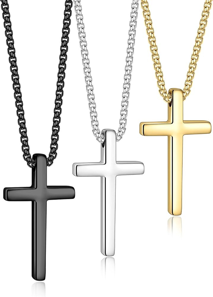 Yooblue 2/3 Pcs Cross Necklace for Men, Silver Black Gold Cross Chain Necklace, Stainless Steel C... | Amazon (US)