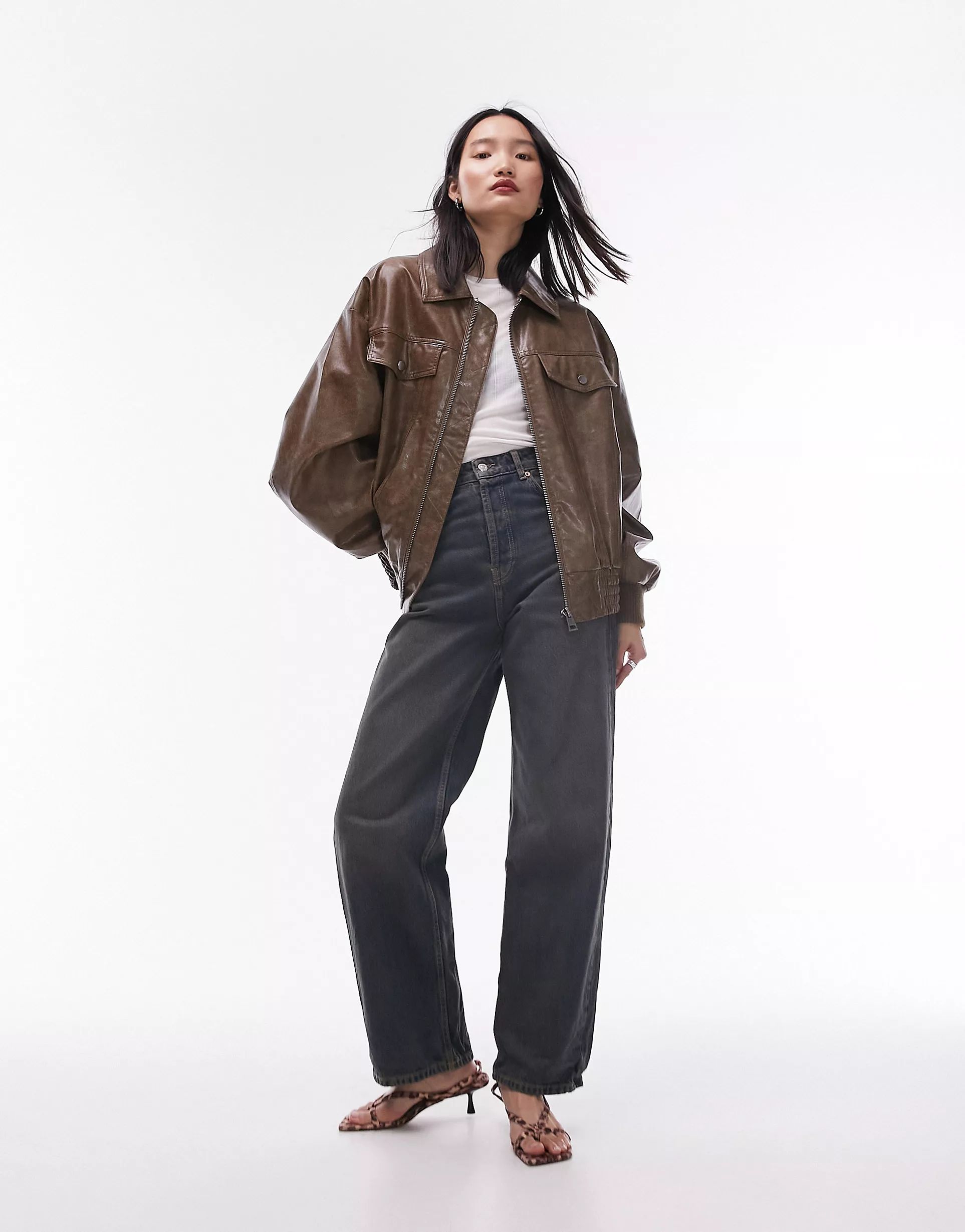 Topshop faux leather bomber jacket in washed brown | ASOS (Global)