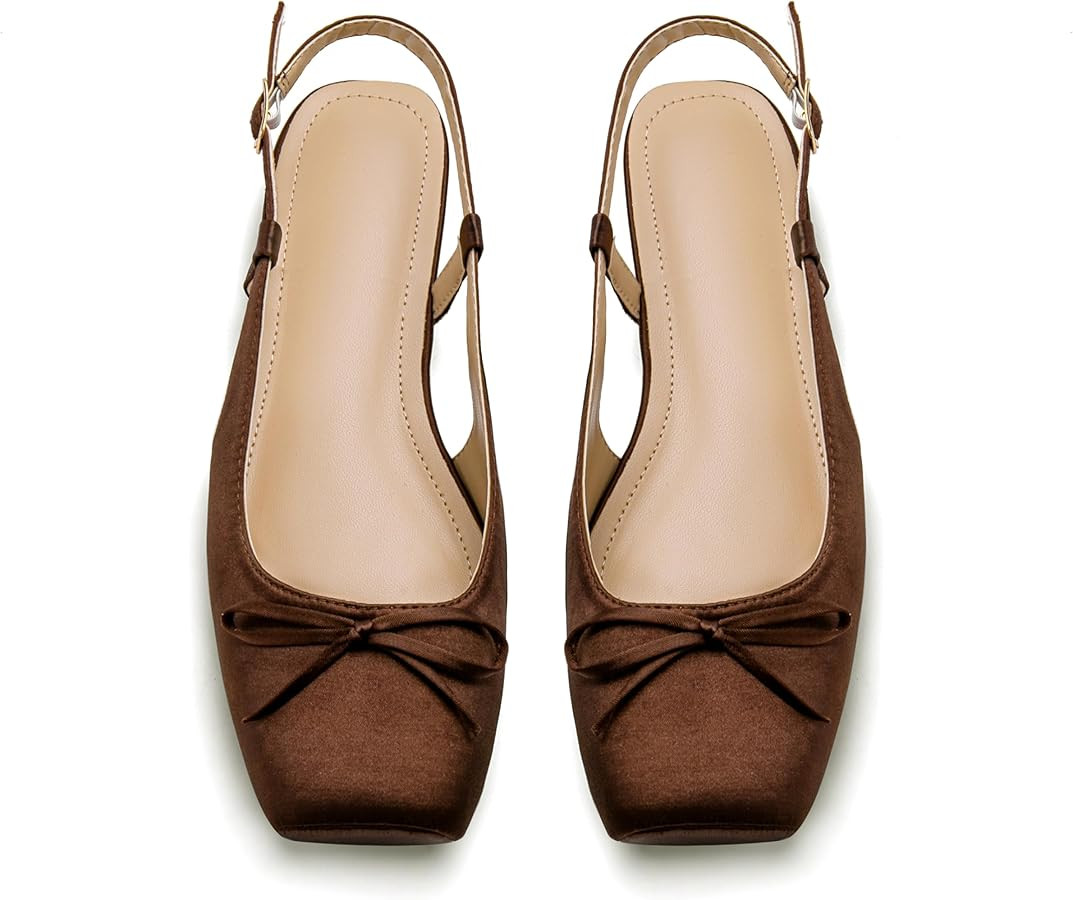 Women's Ballet Flats Slingbacks Square Toe Bow Knit Dressy Flat Shoes with Ankle Buckles Satin | Amazon (US)