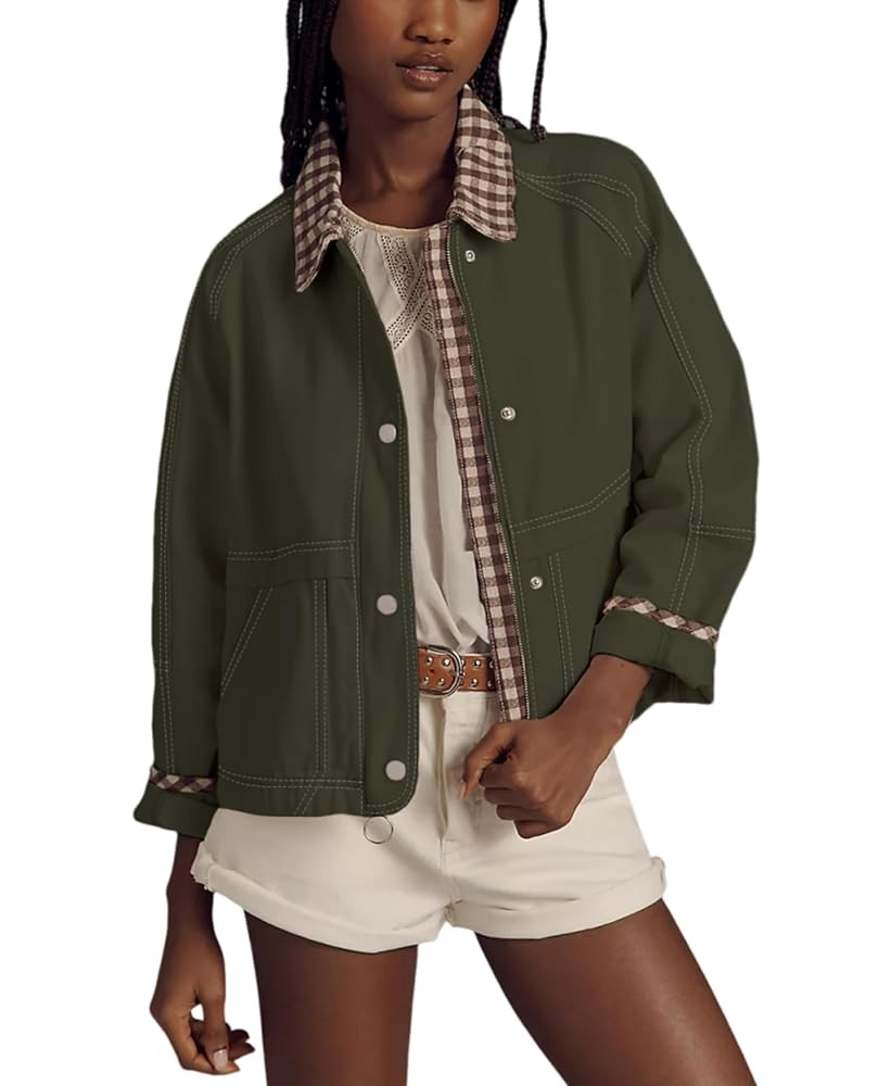 Aimiray Women's Oversized Plaid Jacket Lapel Button Down Casual Shacket Coats with Side Pockets | Amazon (US)