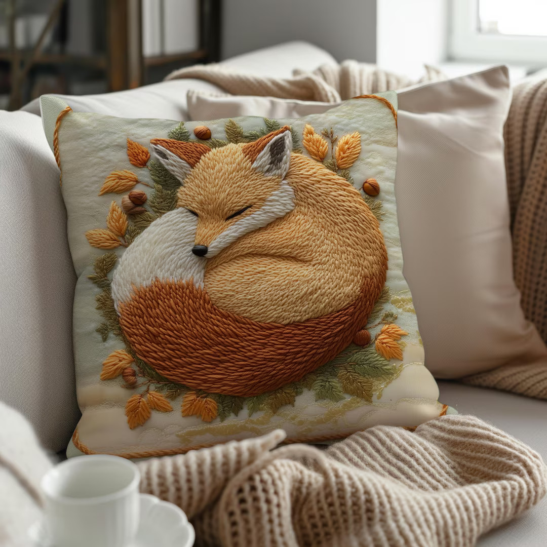 Sleeping Fox Throw Pillow With Insert, Embroidered Effect Woodland Animal Cushion, Cozy Autumn Le... | Etsy (US)