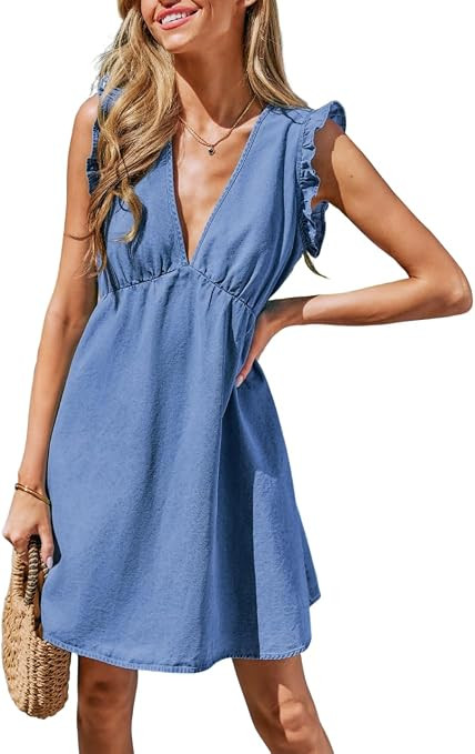 CUPSHE Women's Denim Summer Dresses Cotton Plunging V Neck Casual Sundress Ruffle Sleeves Mini Dr... | Amazon (US)