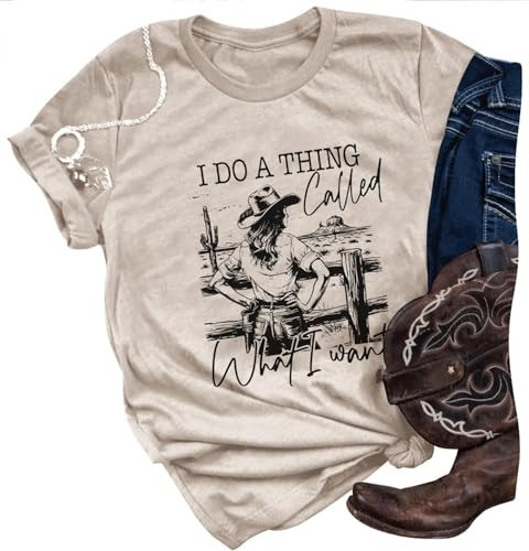 Cowgirls Short Sleeve for Women Western Vacation Outfit T Shirts Graphic with Sayings Adventure Rodeo Tees, Beige XXL | Amazon (US)