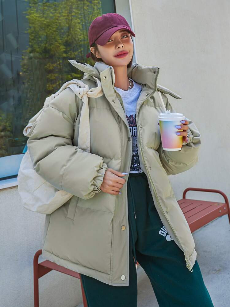DAZY Drop Shoulder Drawstring Hem Hooded Puffer Coat | SHEIN