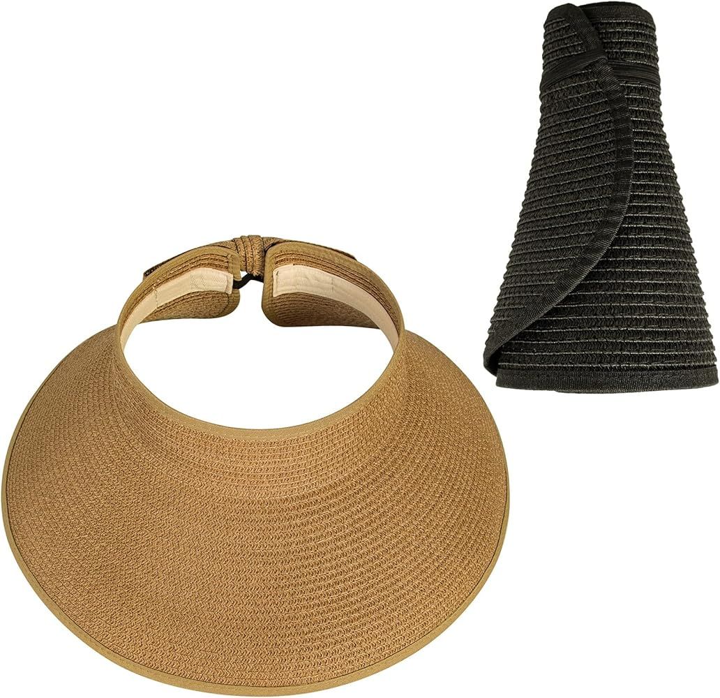 Chalier Straw Sun Visors for Women, Wide Brim Beach Hat Foldable Straw Sun Hats(2 Pack) | Amazon (US)