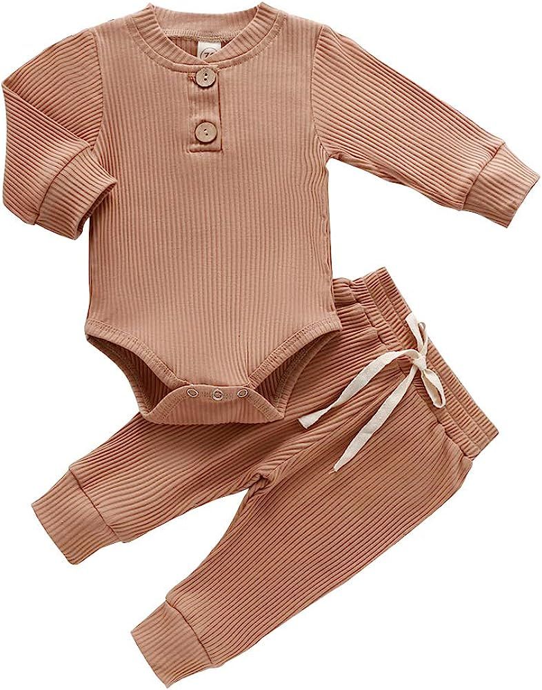 Newborn Baby Boy Girl Clothes Ribbed Knitted Cotton Long Sleeve Romper Long Pants Solid Color Fal... | Amazon (US)