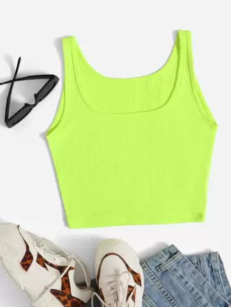 SHEIN EZwear Neon Lime Rib-knit Crop Tank Top | SHEIN