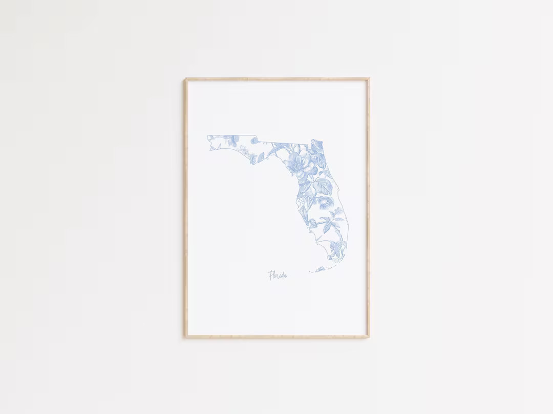 Blue Floral Florida Print, Chinoiserie Wall Art Print, Grandmillennial Digital Prints, USA State ... | Etsy (US)