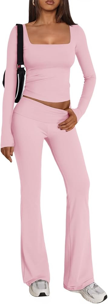 Trendy Queen Womens Two Piece Lounge Sets 2 Piece Fall Outfits Long Sleeve Square Neck Tops Flare... | Amazon (US)