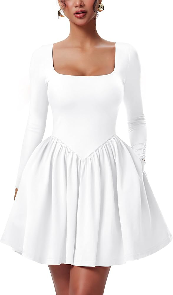 YMDUCH Women's Casual Long Sleeve Square Neck Back Belt A Line Ruffle Hem Mini Dress with Pockets | Amazon (US)