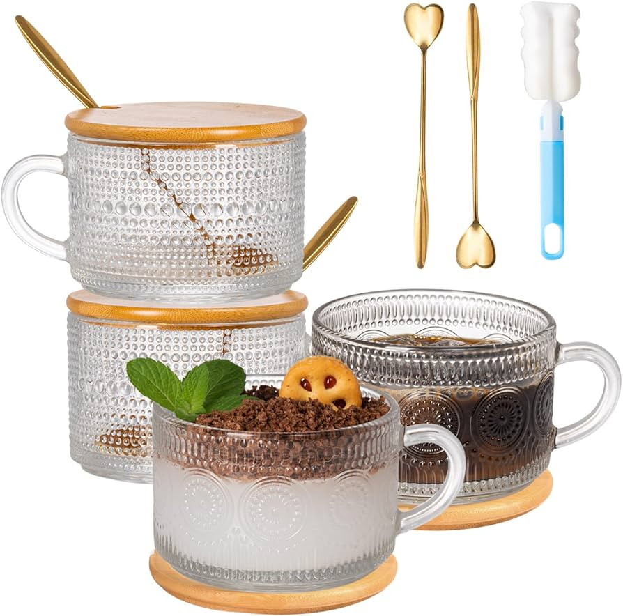 megarte Vintage Glass Coffee Mugs - 14 Oz Embossed Glass Mugs with Bamboo Lids and Golden Spoons ... | Amazon (US)
