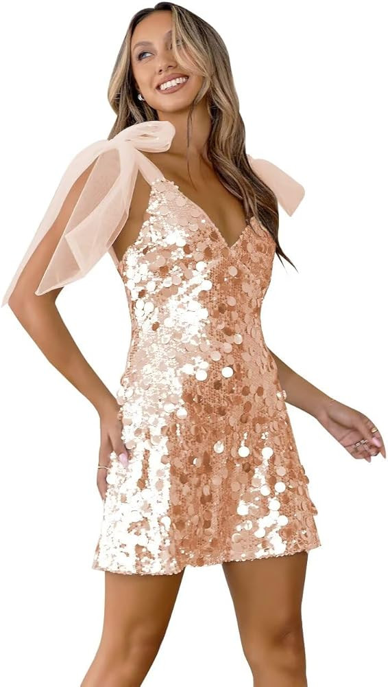 MYDRESS Sparkly Homecoming Dress 2025 V Neck Short Mini Club Sequin Dress with Bow | Amazon (US)