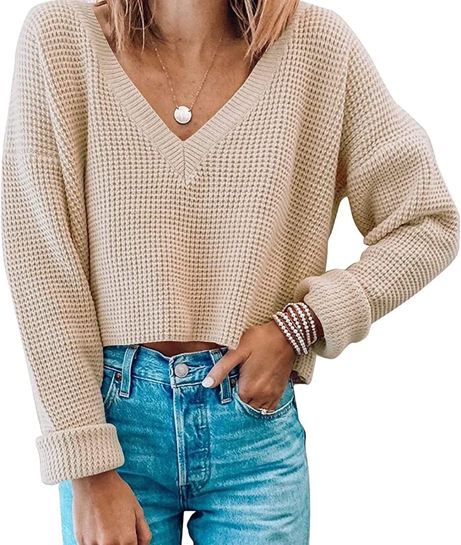 Womens V Neck Waffle Knit Cropped Top Long Sleeve Pullover Crop Sweater | Amazon (US)