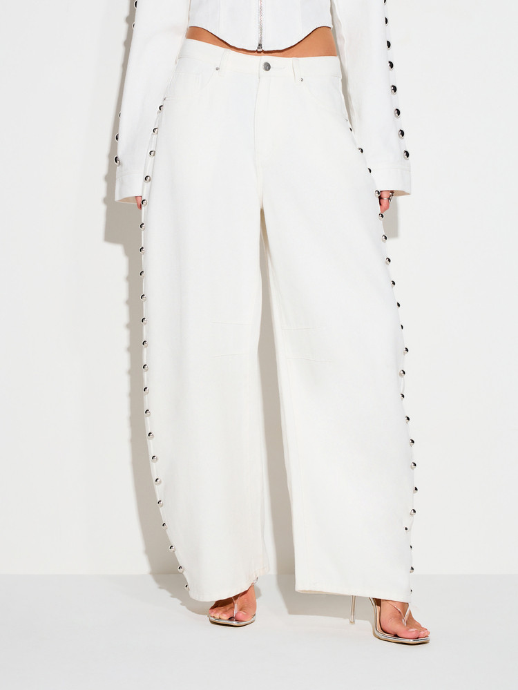 KIZN High Rise White Jeans With Silver Metal Studded Side Seam Detail Wide Leg Palazzo Style Casual Spring Summer Bottoms | SHEIN