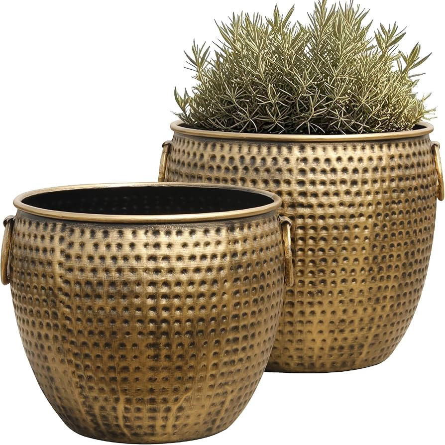 Worth Metal Urn Planters - Aged Gold Iron Round Plant Pot - Hand-Hammered Texture Decorative Flow... | Amazon (US)