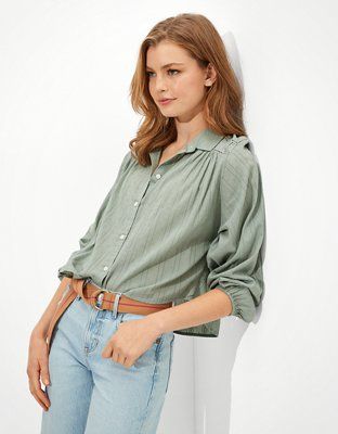 AE Balloon-Sleeve Button-Up Shirt | American Eagle Outfitters (US & CA)