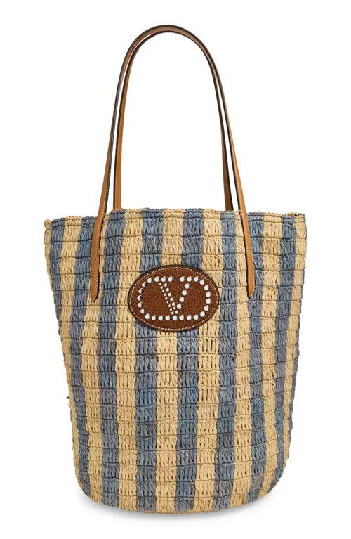 Valentino Garavani VLOGO Signature Crochet Raffia Tote in Natural/blue at Nordstrom | Nordstrom