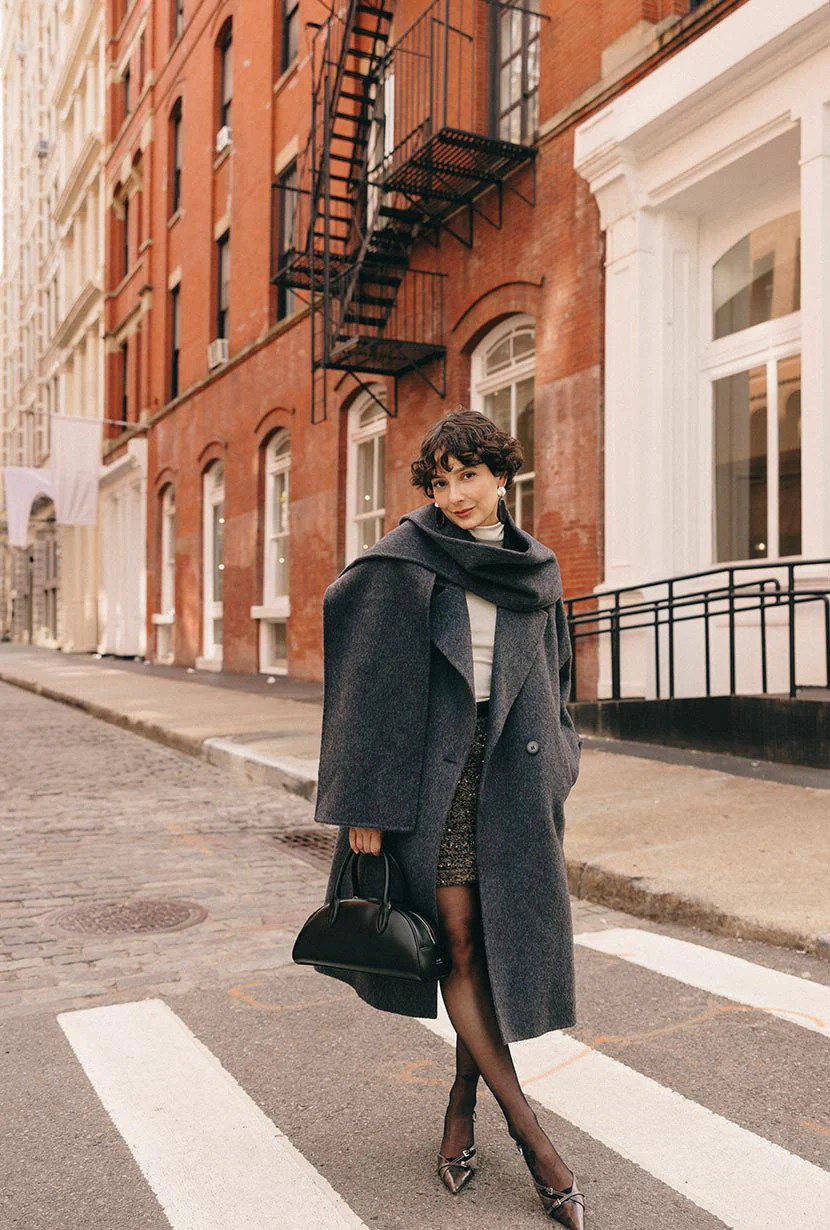 Carina Wool & Silk Scarf Coat - Charcoal | Petite Studio NYC