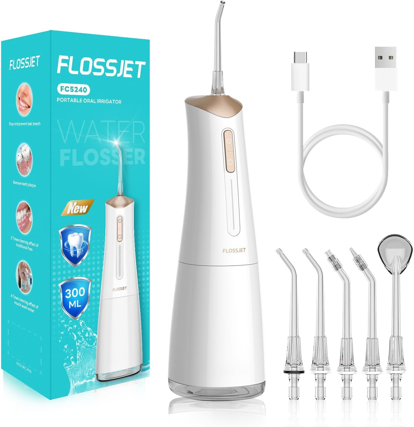 FlossJet Water Dental Flosser for Teeth Cordless with 300ML 4 Cleaning Modes 5 Jet Tips Portable ... | Amazon (UK)
